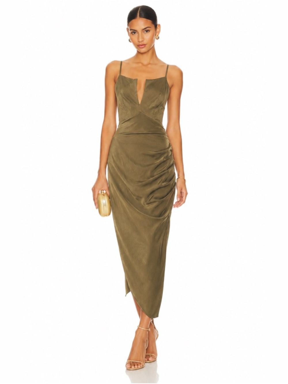 Mable Olive Green Ruched Midi Slip Dress Open Back Tie Dress Size Medium
